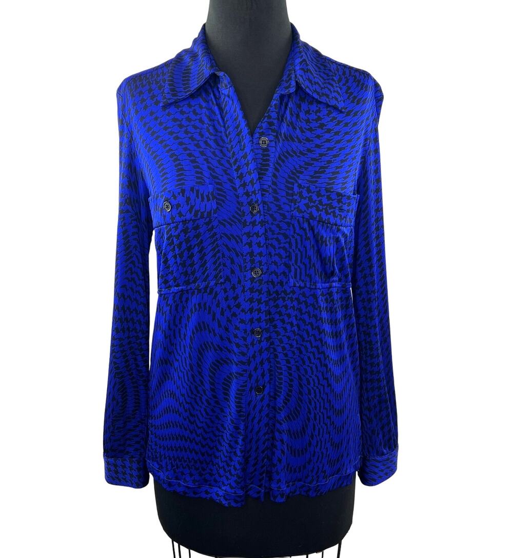 Et Vous Blue Black Top Silk Houndstooth Collared Classic Button-Up Size Medium M